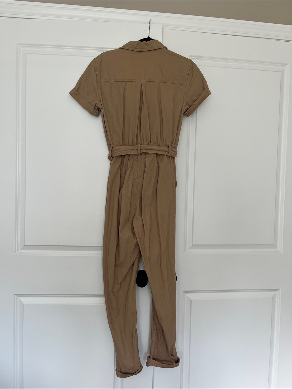 Dynamite Utility Romper Belted Tan Short-Sleeve Jumpsuit - Picture 6 of 7